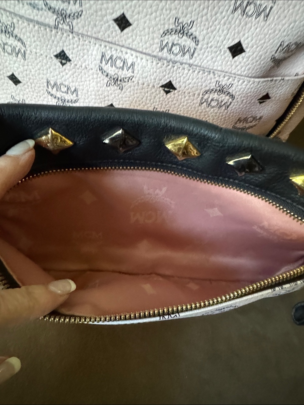 MCM LightPink Logo Black Trim Studded Leather Backpack Includes Detachable Pouch - Picture 4 of 17